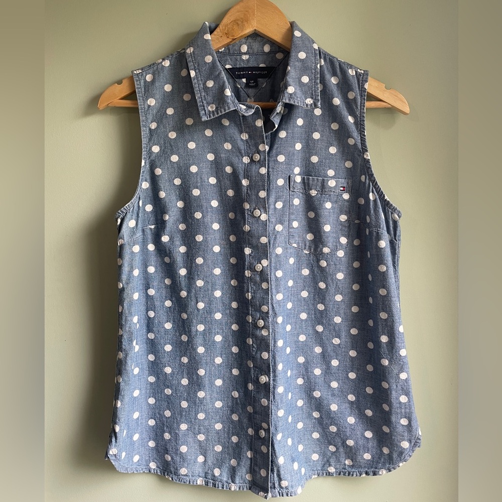 Blue Denim Tank Top, White Polkadots